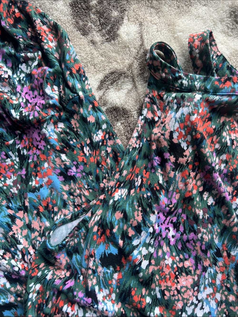 Time and Tru Green Floral V-Neck Dress with Pink, Purple & Red Print